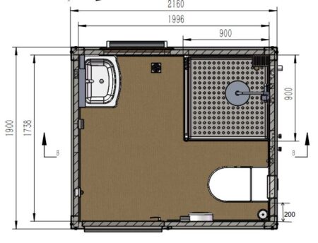 BR001 Portable Bathroom with shower, toilet, hand basin. Plan view.