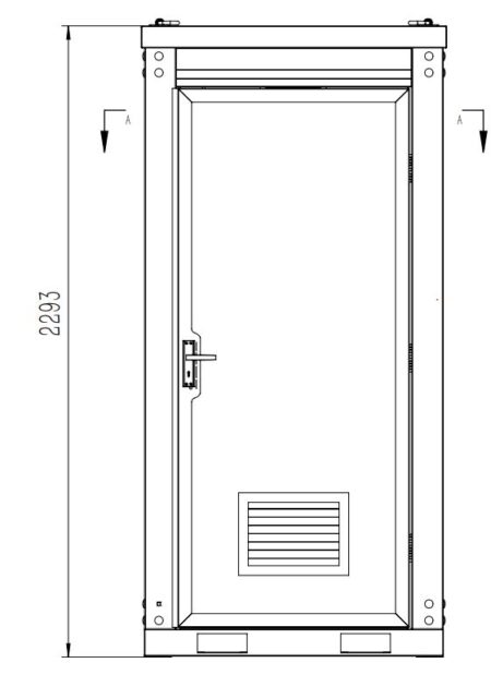 BR002 portable single toilet with basin. Technical drawing front view.