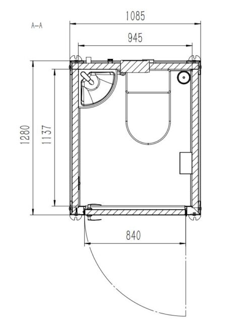 BR002 portable single toilet with basin. Technical drawing plan view.