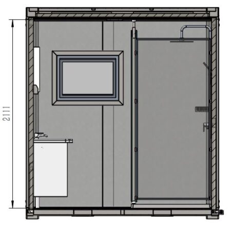 BR001 Portable Bathroom with shower, toilet, hand basin. Rear view internal looking out.