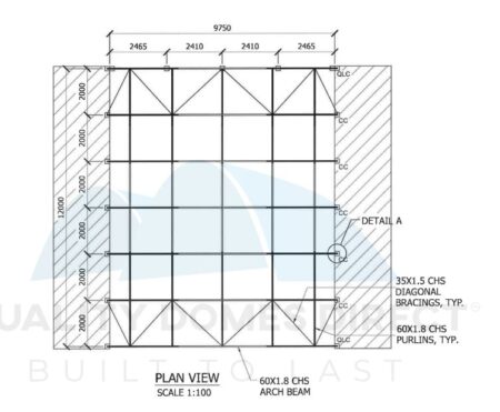 w3340 container dome shelter structural drawing plan view roof truss and purlin design