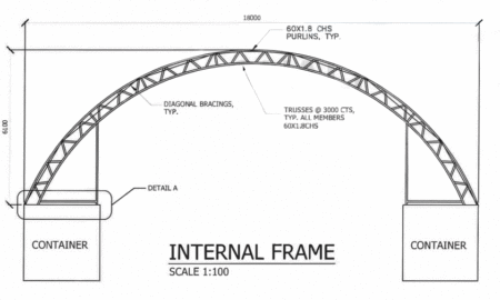 DT6040 engineering structural drawing front view showing half wall steel frame truss
