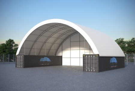40 foot container dome shelter. Double truss design, with douuble truss end wall for added weatherproofing.