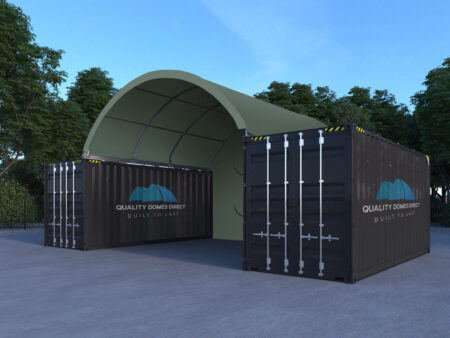 20ft x 20ft container dome shelter 6m x 6m. Army Greem with 2m dome apex off container.