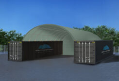 QL2040SP-GREEN- 20x40fr container dome shelter with semi-permanent end wall.