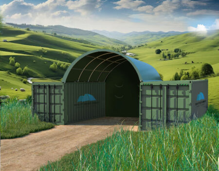 QL2020SP 20ft shipping container dome shelter with semi-permanent end wall in a field.