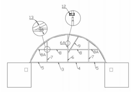 20HW. Technical drawing of container dome shelter half wall. 6m wide. 2m Apex.