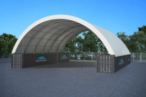 DT6060 double truss container dome shelter shed. Illustration shipping container shelter 18m wide x 18m long