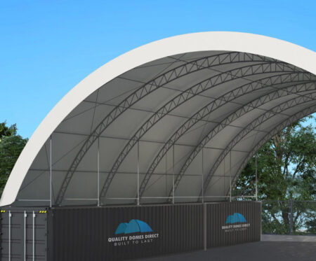 DT6060 close up double truss container dome shelter shed. Illustration shipping container shelter 18m wide x 18m long with double truss steel view