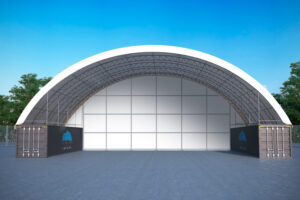 Double truss 21.35m / 70ft end wall for shipping container dome shelter.