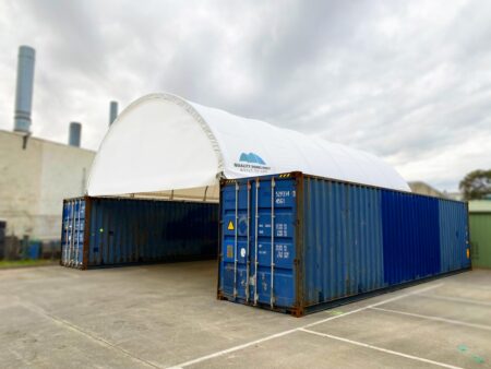 Half Wall. 20HW, 40HW. Container shelter showing half wall fitted to the front