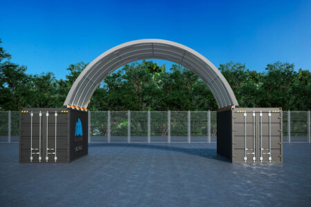 QL2620-GREY container dome shelter. 8m x 6m long. Front view.