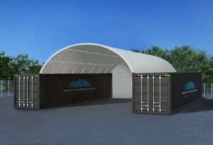 QL2040SP-GREY - 20x40fr container dome shelter with semi-permanent end wall.