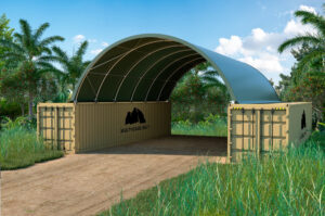 QL3340-GREEN. Army Green container dome shelter. 10m wide x 12m long, 3.6m height 6.2 from floor to ceiling