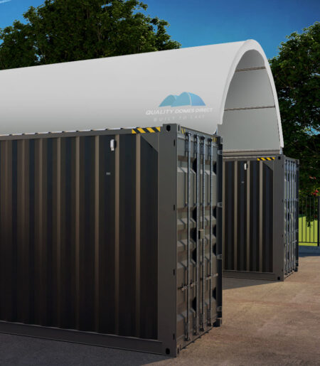 QL2040SP-GREY. 6mx12m container dome shelter. Close up-with logo.