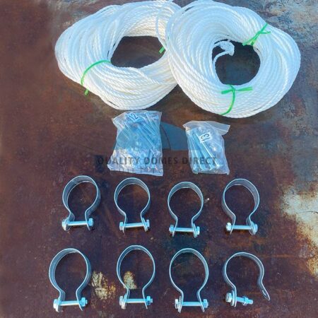 C Clamps, rope on a bench. Top view of array of container shelter fittings.