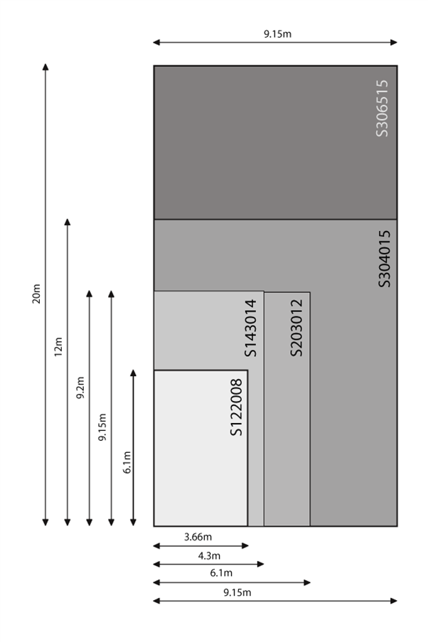 general shelters quick referennce sizing diagram. Showing width and length