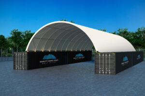 40ft x 80ft shipping container dome shelter with curved PVC canvas roof cover. QL4080